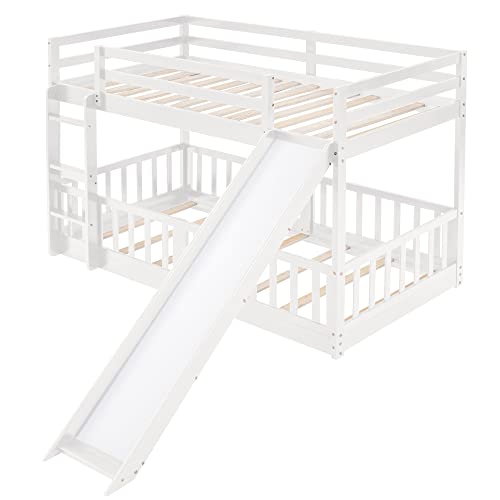 Bellemave Twin Over Twin Floor Bunk Bed with Slide and Ladder, Low Bunk Bed for Kids, Girls, Boys, Removable Fence, White with Fence Bellemave