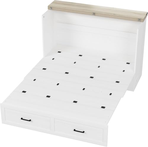 MERITLINE Queen Farmhouse Murphy Chest Bed with Storage Drawers and Charging Station, Wood Folding Hideaway Rustic Murphy Bed Cabinet with Storage for Adults,Space Saving (White)