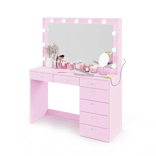 Boahaus Diana Large Makeup Vanity Desk w/Mirror, Hollywood Lights, 7 Drawers, USB Type-C & Type-A, Power Outlet, Hair Dryer Holder, Crystal Knobs, Modern Premium Vanity Desk for Teens, Adults - Pink Boahaus