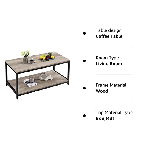 Yaheetech 39.5" 2-Tier Coffee Table with Storage Shelve, Industrial Gray Coffee Table, Easy Assembly, Wooden Coffee Table for Living Room & Small Space, Gray Yaheetech
