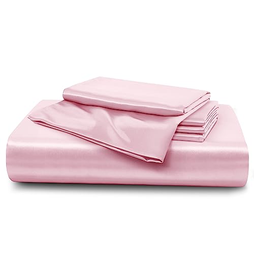 Horbaunal 5 Pieces Satin Duvet Cover Set Queen/Full Size Blush Pink Duvet Cover with Corner Ties & Zipper Closure, Luxury & Silky Bedding Set, 1 Duvet Cover and 4 Pillowcases (No Comforter) Horbaunal
