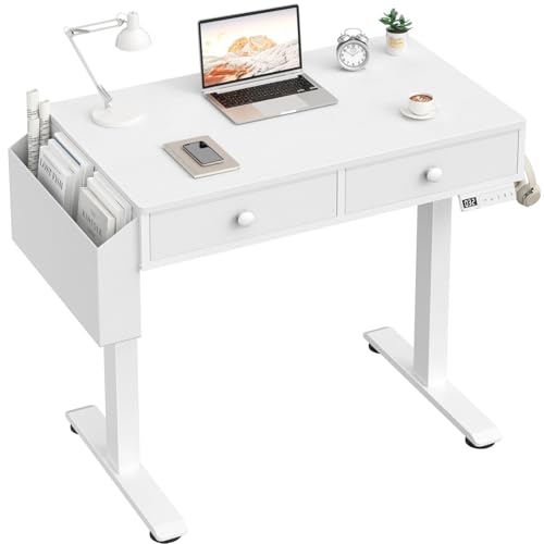 KLUVIS Electric Standing Desk with Drawers, 32 Inch White Small Height Adjustable Sit Stand Desk with Storage for Small Space Home Office Bedroom, Study Writing Stand up Computer Desks for Girls Work KLUVIS