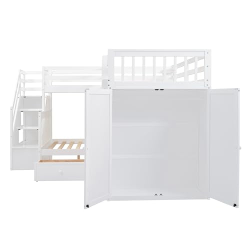Merax L-Shaped Triple Bunk Bed with Desk & Stairs, Twin & Twin Over Full Bunk Bed for 3, Storage Drawers and Wardrobe Included, for Adults, Boys & Girls, White Merax