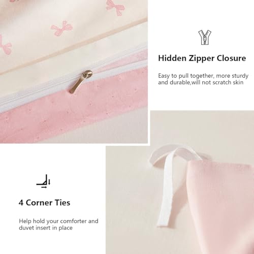 CCoutueChen 100% Cotton Duvet Cover Queen Pink Bow Bedding Set for Girls Kids Cute Bowknot Duvet Cover Set, Soft Comfy 3 Pieces, 2 Pillowcases, Zipper Closure CCoutueChen