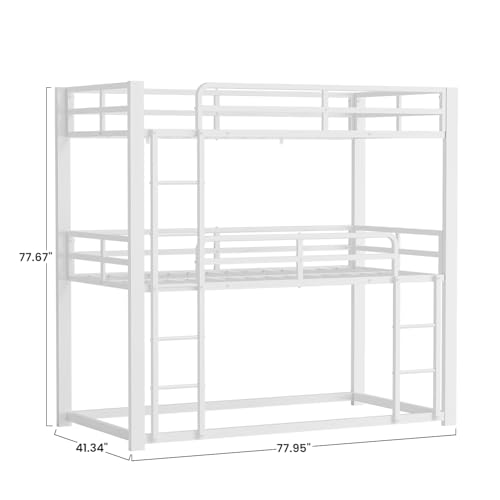 Mixcous Metal Triple Bunk Bed, Twin Over Twin Over Twin Heavy Duty Bunkbeds, Full-Length Guardrail Family-Friendly for All Ages, Bedroom, No Box Spring Needed, Easy Assembly, White Mixcous
