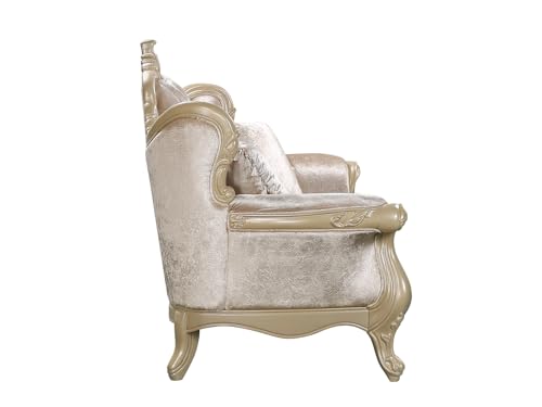 Acme Libertee Upholstered Loveseat with 3 Pillows in Beige and Champagne Acme