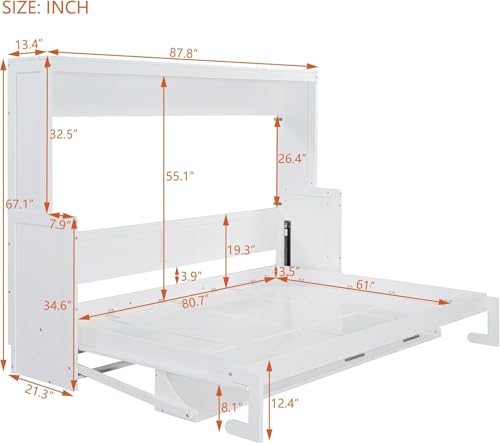 MERITLINE Queen Horizontal Murphy Bed with Desk,Wood Folding Hideaway Murphy Wall Bed for Adult,Guest Room,No Box Spring Needed, Easy Assembly (White,Queen) MERITLINE