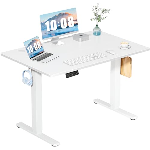 DUMOS 48 Inch Electric Standing Desk Height Adjustable, Sit to Stand Up Computer Workstations Work PC Table Home Office Study Writing Gaming Desks with Memory Presets for Walking Pad, Bedroom, White DUMOS