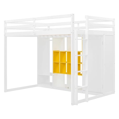 Merax Full Size Wood Loft Bed with Wardrobe & Shelves & Cabinet, Space-Saving Multi-Storage Bed Frame with Staircase, Bear 600lbs, White+Yellow Merax