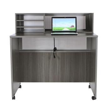 nbf signature series Modern Reception Desk - at Work Mobile Standing Height Checkout Counter Station - 48" W x 30" D Gray Laminate for Front Desk Use and Reception Counter nbf signature series