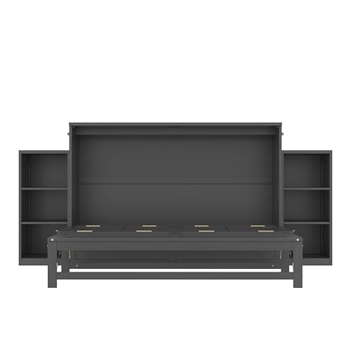 KEIKI Queen Size Murphy Bed Chest, Folding Cabinet Wall Bed Frame with Storage Drawers & Shelves, Space Saving Hideaway Cabinets Beds Frames for Apartment Bedroom Guest Room, Wood Slat Support, Grey KEIKI