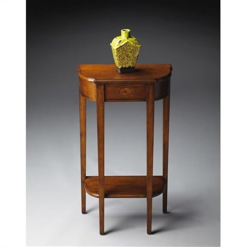 Allora Traditional Console Table, Olive Ash Burl Finish, Rubberwood and Veneer Construction, Demilune Shape, 31" H x 17.5" W x 9" D, Distressed Finish, Elegant Entryway or Small Space Furniture Allora