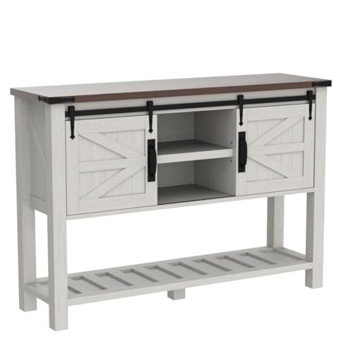 OKD Entryway Table with Sliding Barn Doors, 46" Farmhouse Console Table with Storage Shelf, Rustic Sofa Table Behind Couch for Hallway, Entry Way, Living Room, Foyer, Antique White OKD
