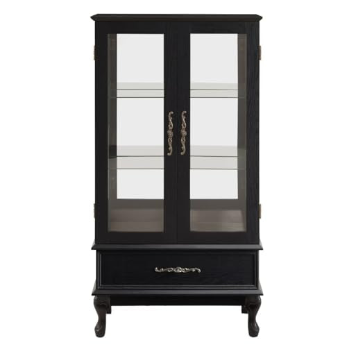 51.58" Lighted Curio Cabinet with Glass Doors and Adjustable Shelves 2 Door Wine Cabinet Display Curio Cabinet with LED Lights Light Black Finish and Drawer for Home Decor and Storage, Black JIJIWANG