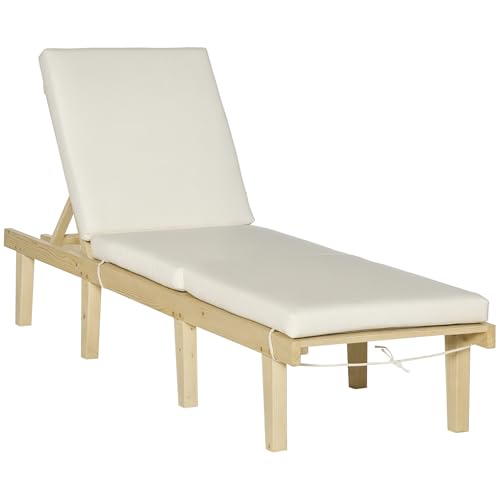 Outsunny Chaise Lounge Chair for Outdoor, Wood Outdoor Chaise Lounge with 4-Position Adjustable Backrest and Cushion, Reclining Beach Lounge Chair for Deck, Pool, Lawn and Sunbathing, Natural