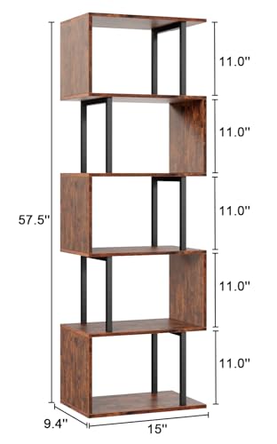 Furologee 6-Tier S-Shaped Geometric Bookshelf - Industrial Freestanding Display Unit in Rustic Brown Furologee