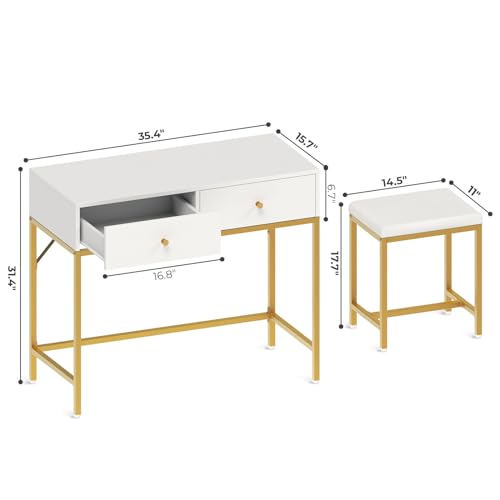 SUPERJARE 35.4" White and Gold Desk with 2 Drawers, Modern Makeup Vanity Desk with Padded Stool, Small Computer Desk Home Office Desk for Writing Study Bedroom SUPERJARE