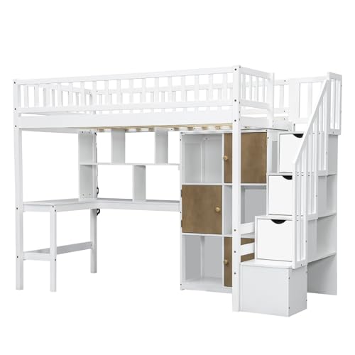 Ball & Cast Twin Size Solid Wood Loft Bed with Built-in L-Desk & Storage - Kids Bed Frame with LED Lights,Shelves & Safety Rails - Space-Saving Design,for Teens,No Box Spring Required,White Ball & Cast