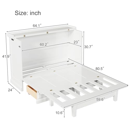 MERITLINE Farmhouse Queen Murphy Bed with Storage Drawer and Charging Station,Pine Wood Folding White Murphy Chest Bed Cabinet for Adults