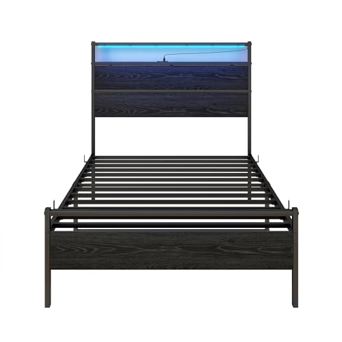 BOFENG Twin Bed Frame with Wood Headboard and USB Charging Station/LED Lights,Metal Single Platform Bed Frame Twin Size No Box Spring Needed,Heavy Duty Metal Slats Support,Noise Free,Black BOFENG