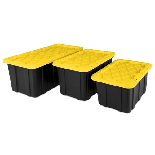 Sterilite 17 Gal Industrial Tote, Stackable Storage Bin with Snap-Fit Lid for Garage, Basement & Attic Storage, Black Base and Yellow Lily Lid, 6-Pack Sterilite