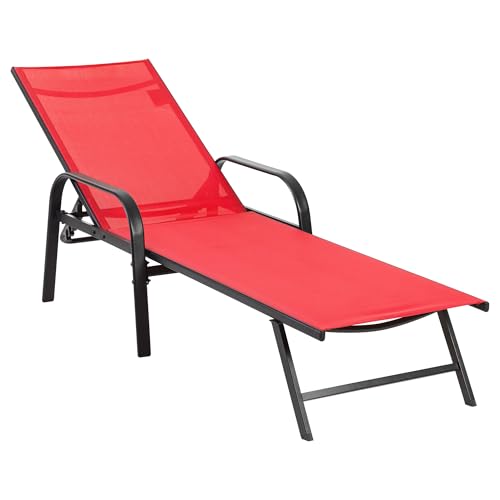 DUMOS Outdoor Lounge Chaise Set of 2 for Poolside Patio, 5-Position Aluminum Chaise with Armrest, Sun Tanning Chair 350 lbs Heavy Duty Patio Pool Chair, Waterproof Lounge for Deck,Backyard, Beach, Red