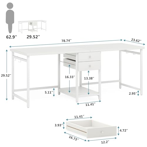 Tribesigns 79 Inch Extra Long Desk, Double Desk with 2 Drawers, Two Person Desk Long Computer Desk with Storage Shelves, Writing Table Study Desk for Home Office, White Tribesigns