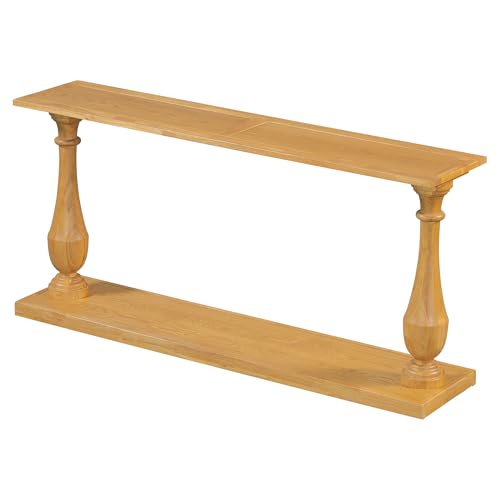 Merax Vintage Console Table with Pine Veneer and Elegance Vase-Leg Design, Sofa Table with Double-Layer Storage for Living Room, Study Room, Entryway Bedroom, Natural Merax