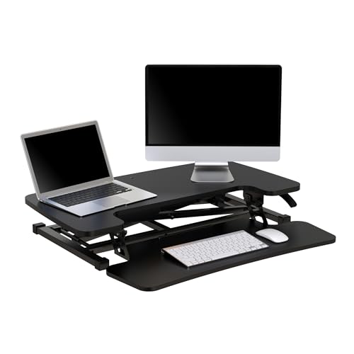 Realspace® P10 Pneumatic Standing Desk Riser Converter with Keyboard Tray, 20"H x 31-1/2"W x 25"D, Black Realspace