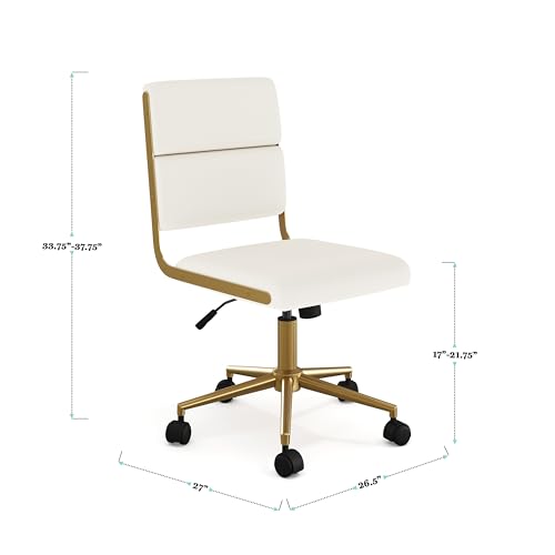 Martha Stewart Lulu Swivel Task Chair with Height Adjustable Seat for Home Office in Off White Faux Leather with Polished Brass Frame Martha Stewart