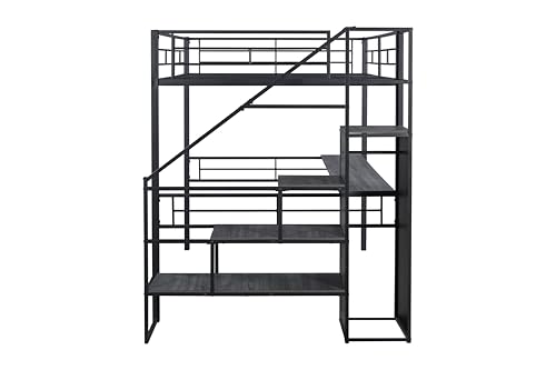 PVWIIK Staircase Queen Size Loft Bed with Desk and Wardrobe,High Loft Bed Frame for Kids Youths Adults Dorm Bedroom, No Box Spring Needed,Black PVWIIK