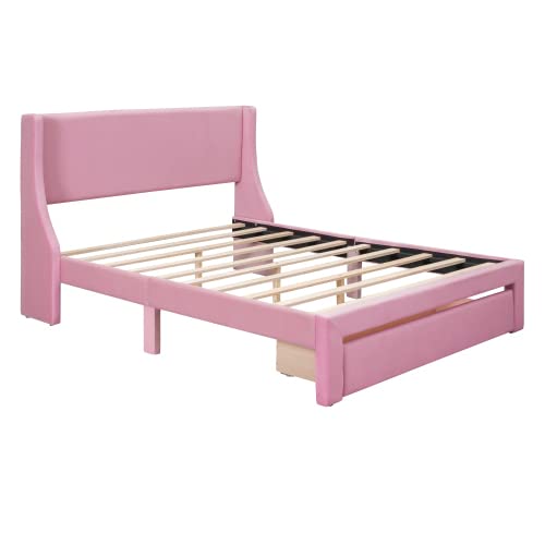 Anwick Queen Size Storage Bed Frame Velvet Upholstered Platform Bed with a Big Drawer, Upholstered Bed Frame with Strong Wooden Slats, No Box Spring Needed, Easy Assembly (Pink, Queen) Anwick