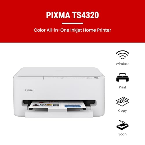 Canon PIXMA TS4320 Wireless Color Inkjet Printer for Duplex Printing, White – Home Printer with Copier/Scanner, Compact Design, Easy Setup, 1 Year Limited Warranty