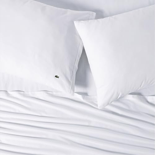 Lacoste 100% Cotton Percale 4-Piece Sheet Set – Cool, Crisp, Matte, and Durable, Oeko-Tex Certified – Solid, White, Standard King Lacoste