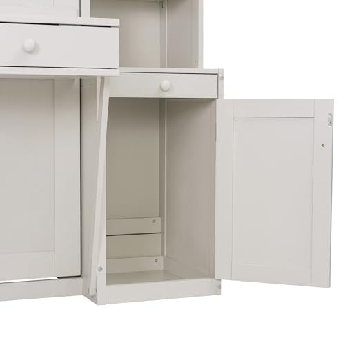 Merax Queen Size Murphy Bed with Desk and LED Lights, Power Outlet, Foldable Murphy Cabinet Bed with Open Storage Shelves & Drawers, Wood Space-Saving Hidden Wall Bed for Guest Room Office, White Merax