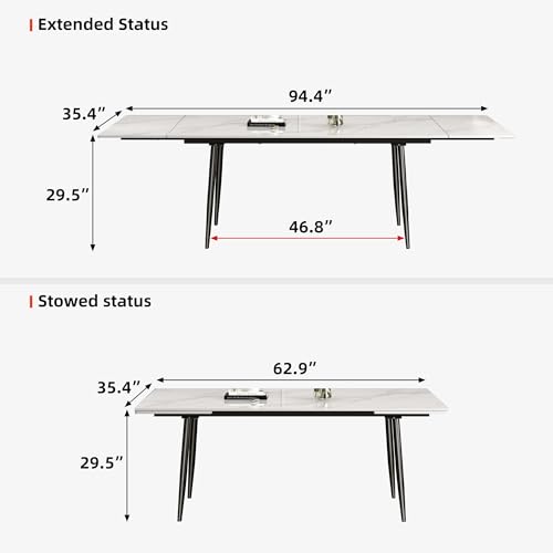 gaoyangjiaju 62.9"-94.4" Modern Extendable Dining Table for 6 to 10 Seats, Rectangular Sintered Stone Table with High Hardness and Easy Maintenance for Dining Room Family Gathering, White Top gaoyangjiaju