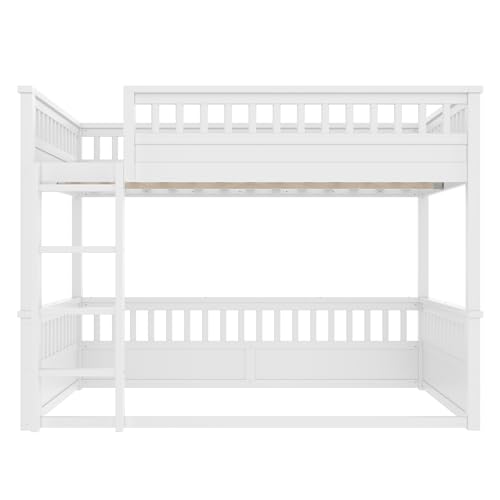Bellemave Full Over Full Bunk Bed for Kids/Adults,Floor Bunk Beds with Inclined Ladder,Solid Wood Low Bunk Bed for Teens,Girls,Boys,Detachable,White Bellemave