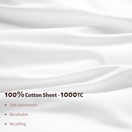 Shilucheng 100% Egyptian Cotton Queen Size Sheets Set - 1000 Thread Count,Luxury Cotton Bed Sheets,Breathable & Cooling Bedding and Pillow Cases, 16 Inch Deep Pocket - 4 Piece (White, Queen) Shilucheng