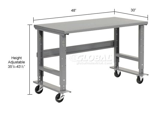 Global Industrial Mobile Adjustable Height C-Channel Leg Workbench, 48"W x 30"D, 1-3/4" Steel Top with Square Edge, 2000 Lbs. Capacity, Gray, Industrial Workbench Global Industrial
