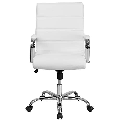 Flash Furniture Whitney Mid-Back Swivel LeatherSoft Desk Chair with Padded Seat and Armrests, Adjustable Height Padded Office Chair, White/Chrome Flash Furniture