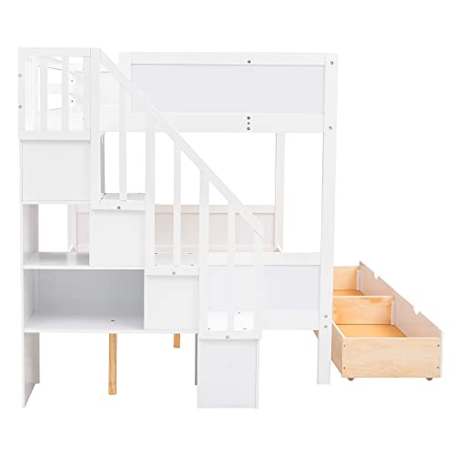 Harper & Bright Designs Twin Over Full Bunk Bed with Storage Shelves, Stairs, Solid Wood Staiway Bunk Bed Frame with 2 Drawers, for Kids Teens Adults (White) Harper & Bright Designs