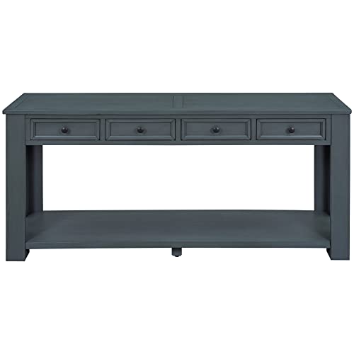 Knocbel Console Table with 4 Storage Drawers Bottom Shelf, Rustic Distressed Sofa Table for Entryway Hallway, Assembly Required, 63" W x 14" D x 30" H, Navy Knocbel
