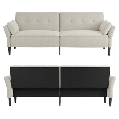 COPIAE 89” Futon Sofa Bed, Comfy Futon Couch Bed with 2 Square Pillows,Convertible Sleeper Sofa with Adjustable Backrest& Armrests, Modern Loveseat Sleeper for Living Room,Velvet Fabric White COPIAE
