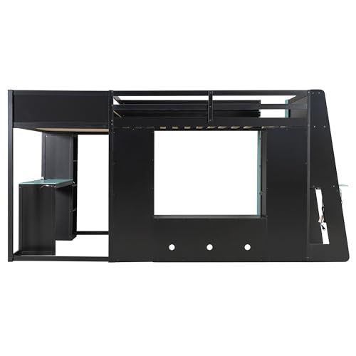 MERITLINE Twin Size L-Shaped Loft Bed with USB Ports and Desk for Boys, Gaming Loft Bed with LED Lights, Storage Shelves and TV Stand for Teens Adults, Reversible Layout, No Box Spring Needed, Blue MERITLINE
