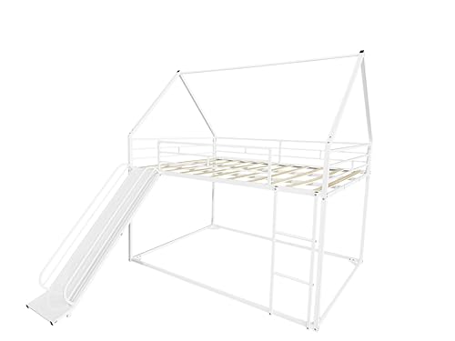 PVWIIK Bunk Bed Full Over Full with Slide for Girls,Boys,Full House Bunk Bed Frame with Guardrail & Ladder,Noise-Free,Easy Assemble,No Box Spring Needed,White PVWIIK