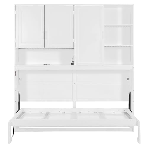 SOFTSEA Twin Size Horizontal Murphy Bed with Bookcase, LED Light and USB Charging Station, Space-Saving Hideaway Wall Bed Frame, White SOFTSEA