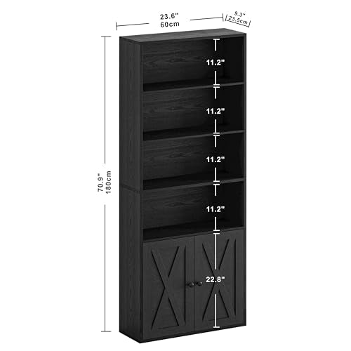 Industrial Vintage Black 6-Tier Bookcase with Doors - 70" Tall Shelves for Home Office & Living Room by IRONCK IRONCK