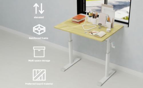Penau Height Adjustable Standing Desk, Manual Crank Sit Stand Computer Desk, Compact Rectangular Home Office Study Desk, White Frame Natural Wood Top, 32.68 x 23.62 x 35.43 Inchs Penau