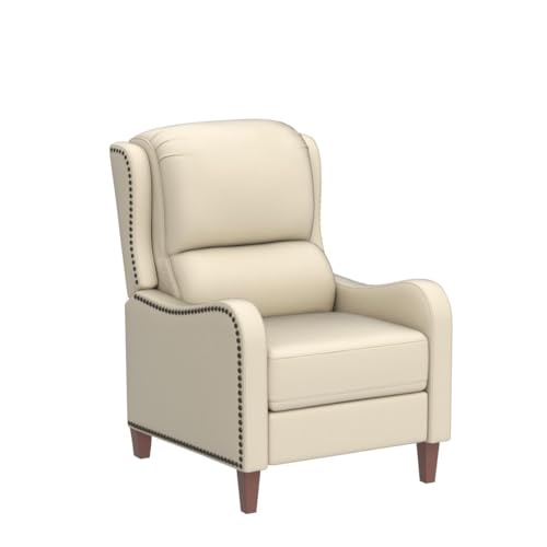 HULALA HOME Genuine Leather Recliner Chair, Modern Push Back Recliner Armchair with Thick Seat, Backrest & Footrest, Nailhead Decor for Living Room, Bedroom, Beige