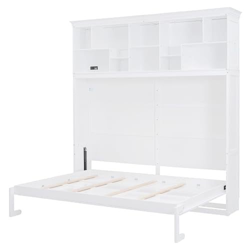 Merax Modern Farmhouse Solid Wood Murphy Cabinet Bed with Top Shelves & USB Charging, Tall Wall Platform Bed No Box Spring Needed/Easy Assemble Queen,White Merax